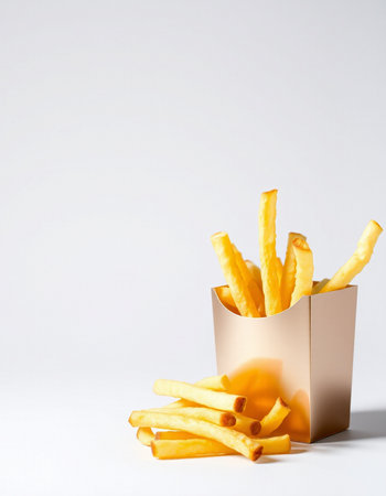 French fries in paper box on white background. Fast food concept.の写真素材