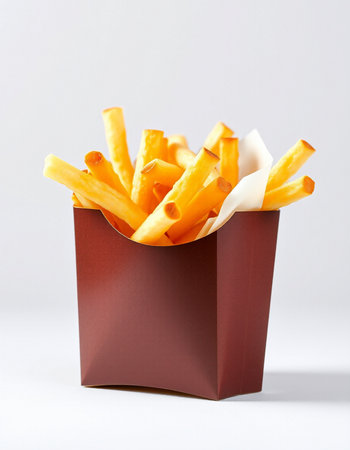 French fries in paper box on white background. Selective focus.