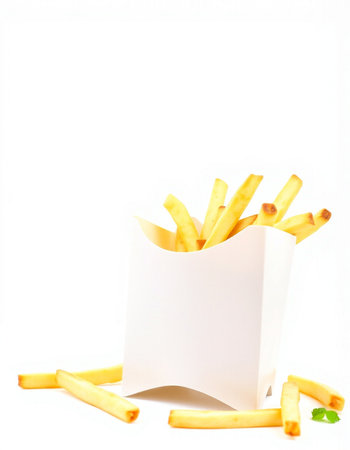 French fries in a white box on a white background. Isolated