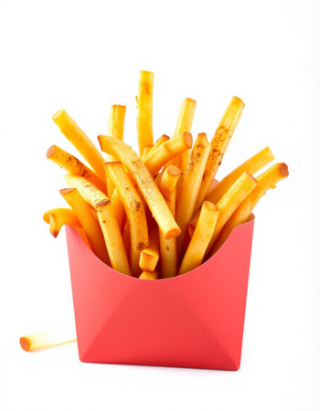 French fries in a red box isolated on white background. Fast food.