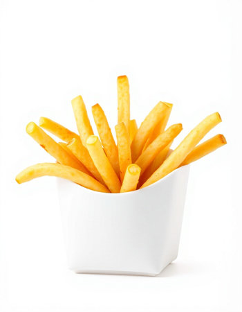 French fries in a white bowl on a white background. Isolated