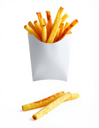 French fries in a white paper bag on a white background, isolate