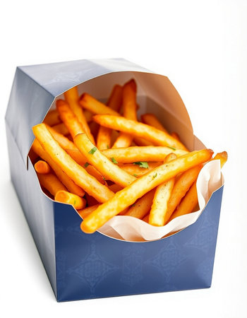 French fries in a paper box on a white background. Fast food.