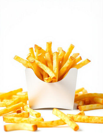 Golden French fries in a white box isolated on a white background.