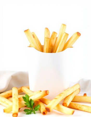 French fries in a paper box on a white background with parsley