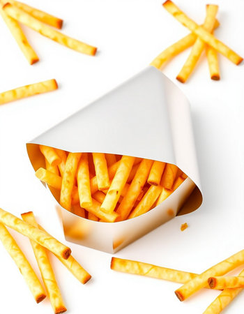 French fries in paper box isolated on white background, top view.の写真素材