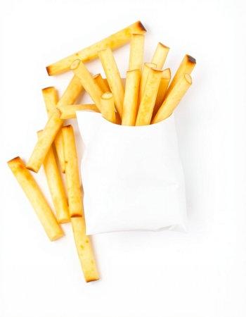French fries in a white paper bag on a white isolated background.