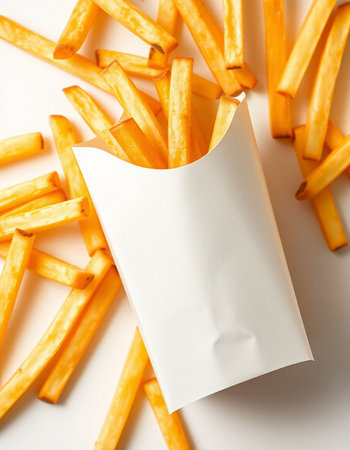 French fries with blank paper on white background, top view, close upの写真素材