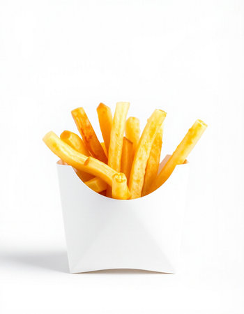 French fries in a white box on a white background. Isolated