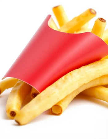 French fries with a red label on a white background, close-upの写真素材