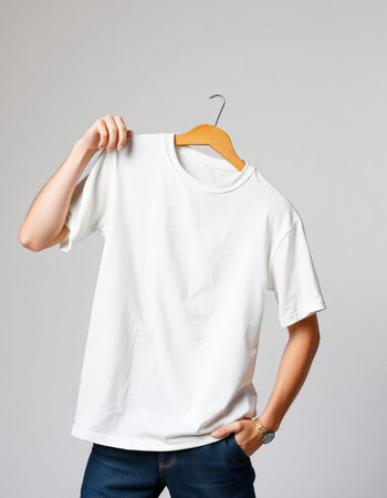 Man in white t-shirt on a hanger on gray backgroundの写真素材
