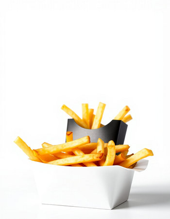 French fries in a paper box on a white background with copy space