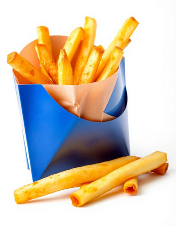 French fries in paper box isolated on white background. Selective focus.の写真素材