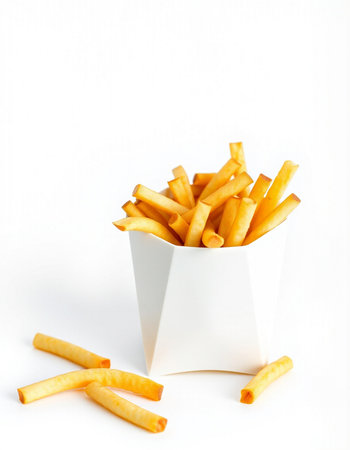 French fries in a white box on a white background. Selective focus.