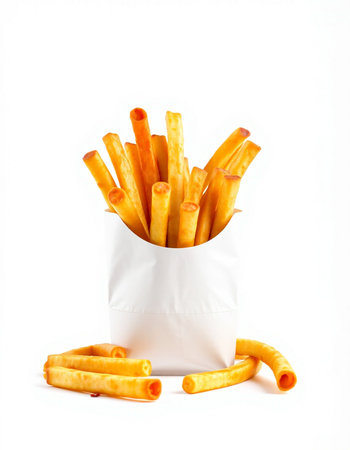 French fries in paper bag isolated on white background. Selective focus.