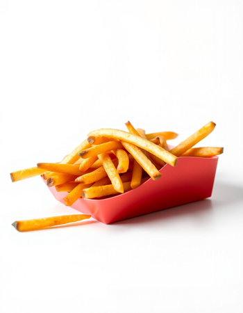 french fries in a red box on a white background, isolated