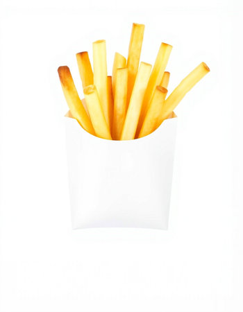 French fries in a paper box isolated on white background. Close up.