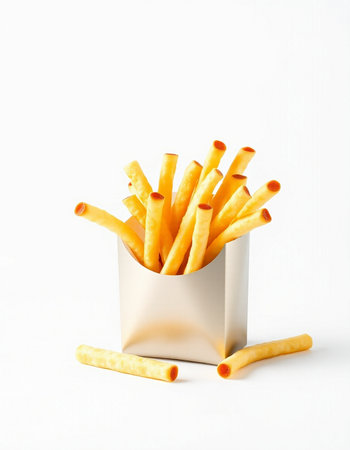 French fries in a paper box on a white background. Fast food.