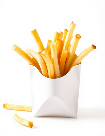 French fries in a paper box on a white background, close-up