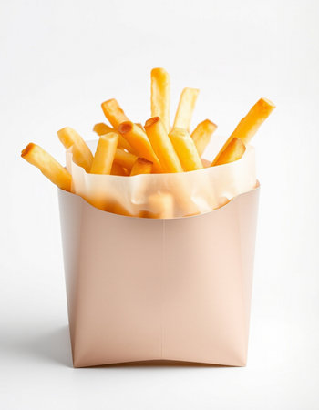 French fries in paper box on white background. Close-up.の写真素材