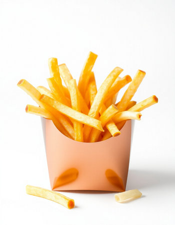 French fries in paper box on white background. Fast food concept.