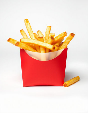 French fries in a red box on a white background. Fast food.