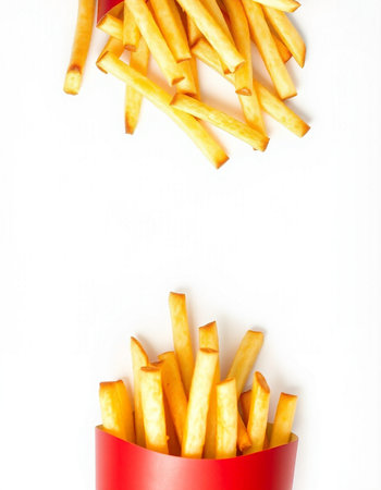 French fries in a red box on a white background. Top view