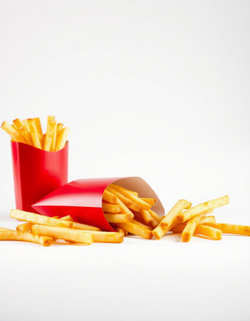 French fries in a red box on a white background, fast foodの写真素材