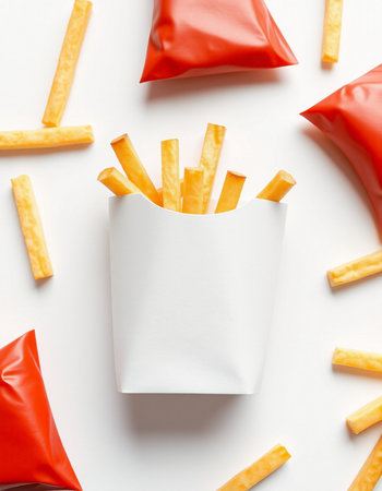French fries in paper bag on white background, top view. Fast food conceptの写真素材