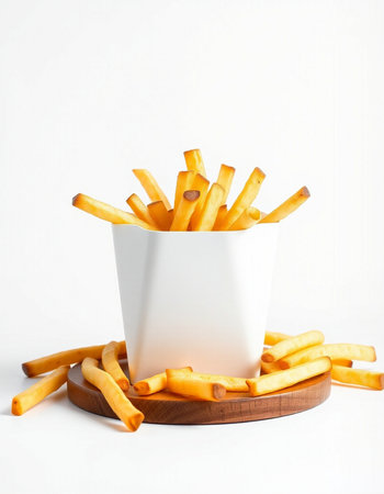French fries in a white paper cup on a wooden stand on a white backgroundの写真素材