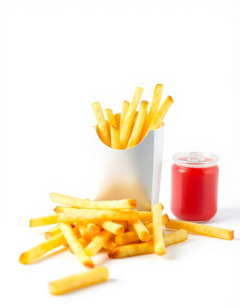 French fries with ketchup on white background. Selective focus.