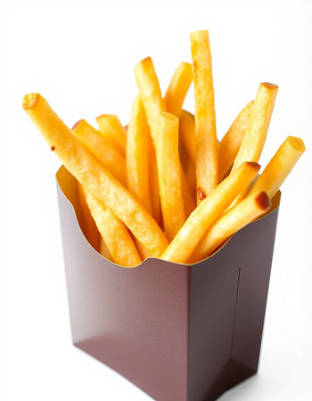 French fries in paper box isolated on white background. Selective focus.