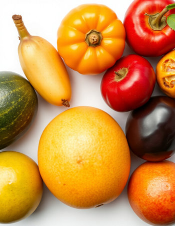 Fruits and vegetables isolated on a white background. Top view.の写真素材