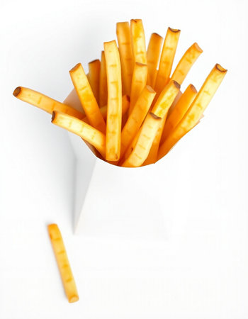 French fries in a paper box on a white background, top view