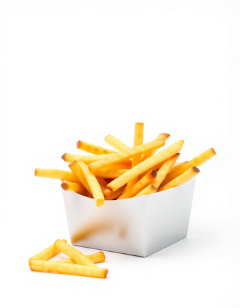 French fries in a white box on a white background. Isolated