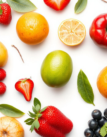 Composition with different fresh fruits on white background, top view. Flat layの写真素材
