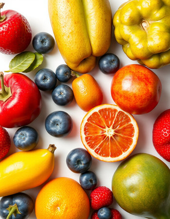 Fresh fruits and vegetables on white background. Healthy food concept. Top view.の写真素材