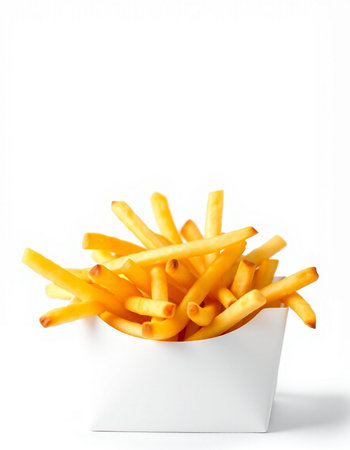 French fries in a white box on a white background. Isolated