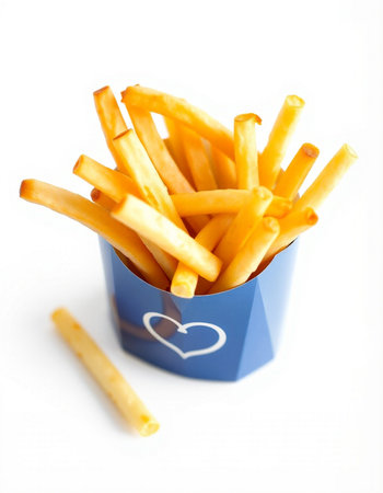 French fries in a blue box on a white background, close-upの写真素材