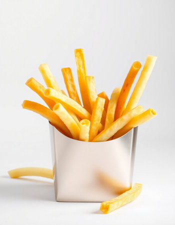 Golden French fries in a box on a white background, fast foodの写真素材