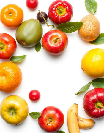 Fruits and vegetables isolated on white background. Flat lay, top viewの写真素材