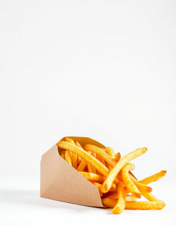 Golden French fries in a paper bag on a white background. Fast food.の写真素材