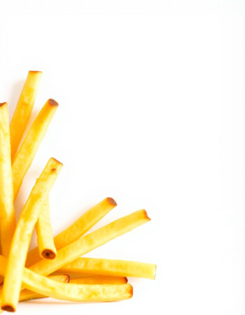 French fries isolated on white background. Copy space for text. Top view.