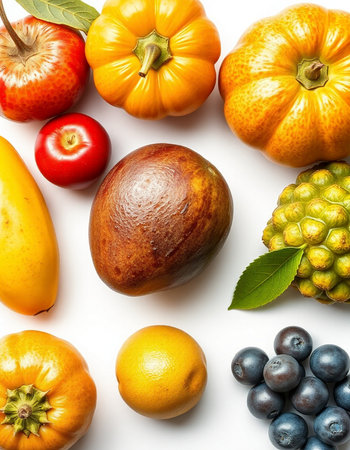 Fruits and vegetables on a white background. View from above.