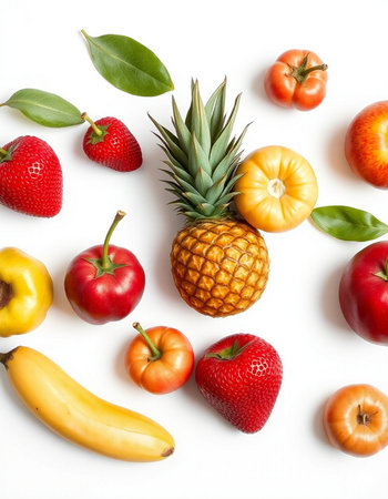 Fruits and vegetables on white background. Flat lay, top viewの写真素材