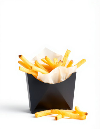 French fries in paper box isolated on white background. Selective focus.の写真素材