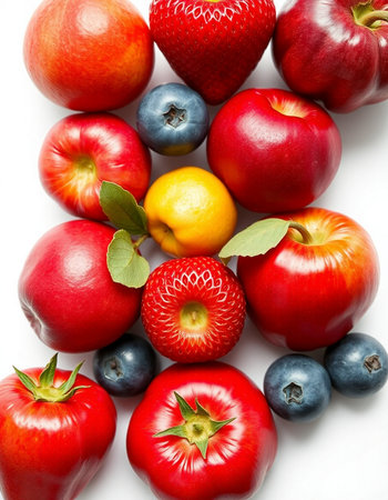Fruits and berries arranged in a circle on a white background.の写真素材