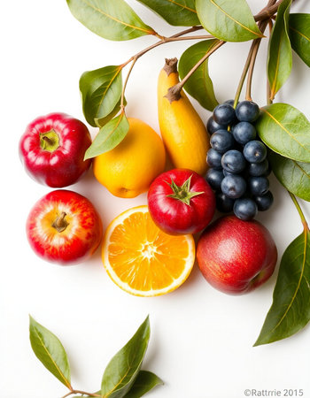 Fresh fruits on white background. Healthy food concept. Top view.の写真素材