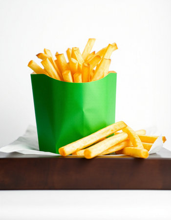 French fries in a green paper box on a white background. Selective focus.の写真素材