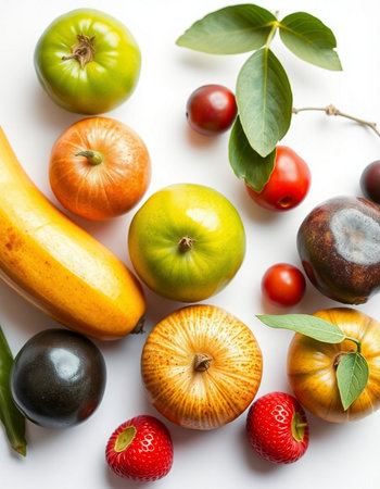 Variety of colorful fruits and vegetables on white background, top viewの写真素材